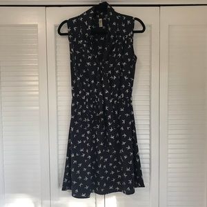 Navy silk dress w/ neck tie & bird print size M